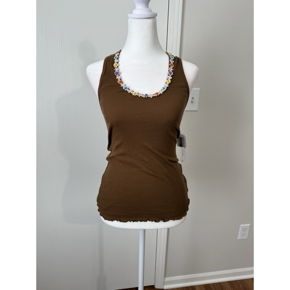 Celle Tops - Celle Brown Ribbed Halter Tank Babydoll Floral Trim Detail NWT Medium Fairycore